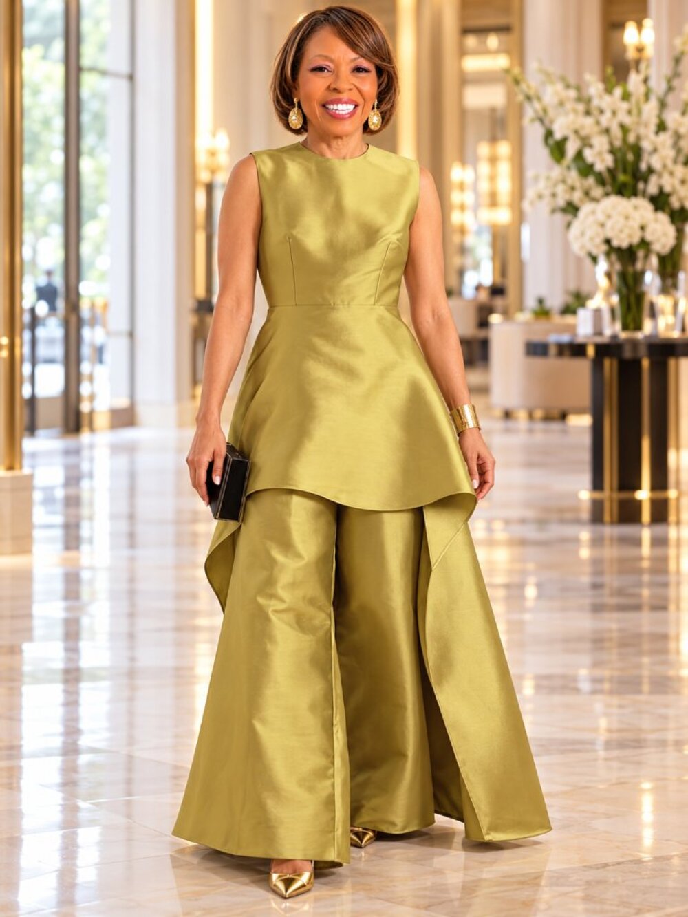 Golden Olive Layered Wide-Leg Formal Jumpsuit Size Large - Picture 2 of 11